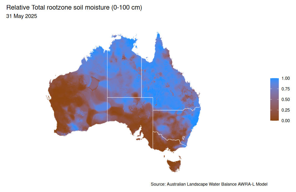 Relative soil moisture in Australia, May 2025 Relative soil moisture in Australia, May 2025