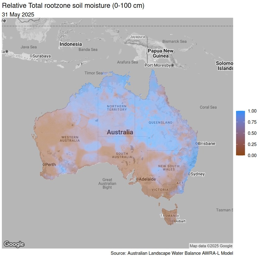 Relative soil moisture in Australia, May 2025 Relative soil moisture in Australia, May 2025
